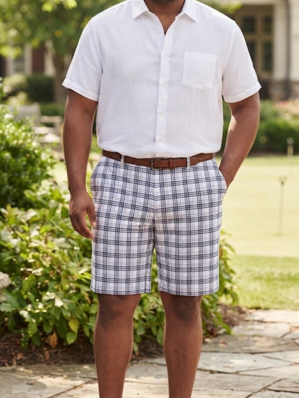 Men's Cutter & Buck Plaid Performance Golf Shorts - White/Navy
